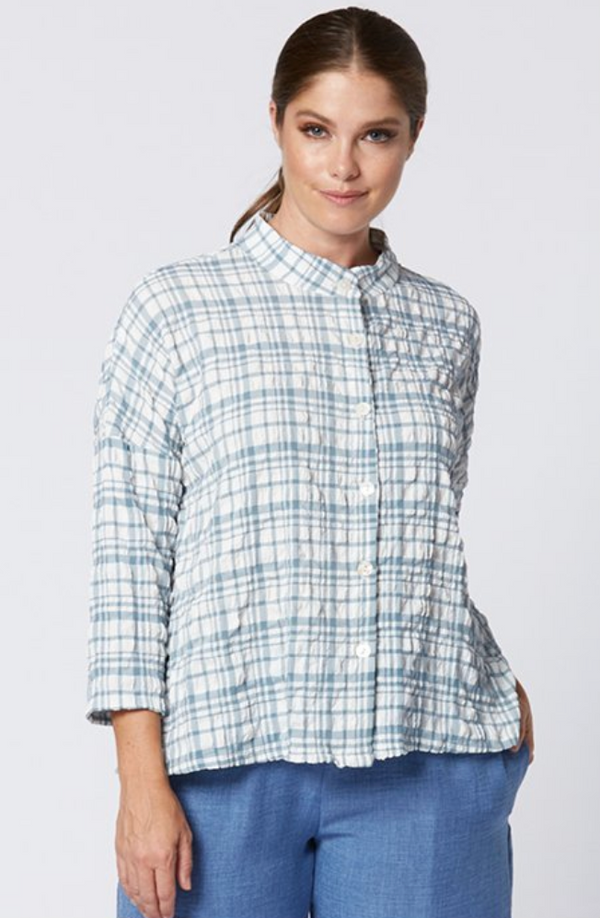 Pucker Plaid Button Top