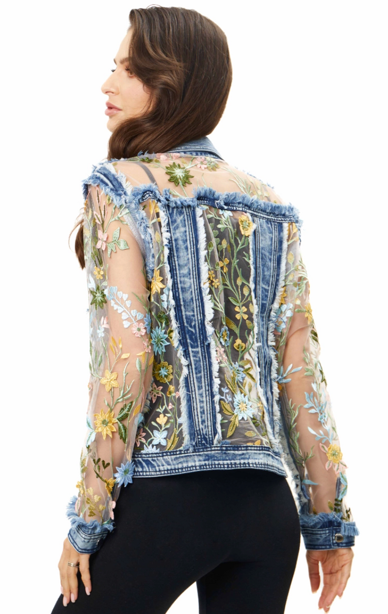 Pastel Floral White Mesh Denim Jacket