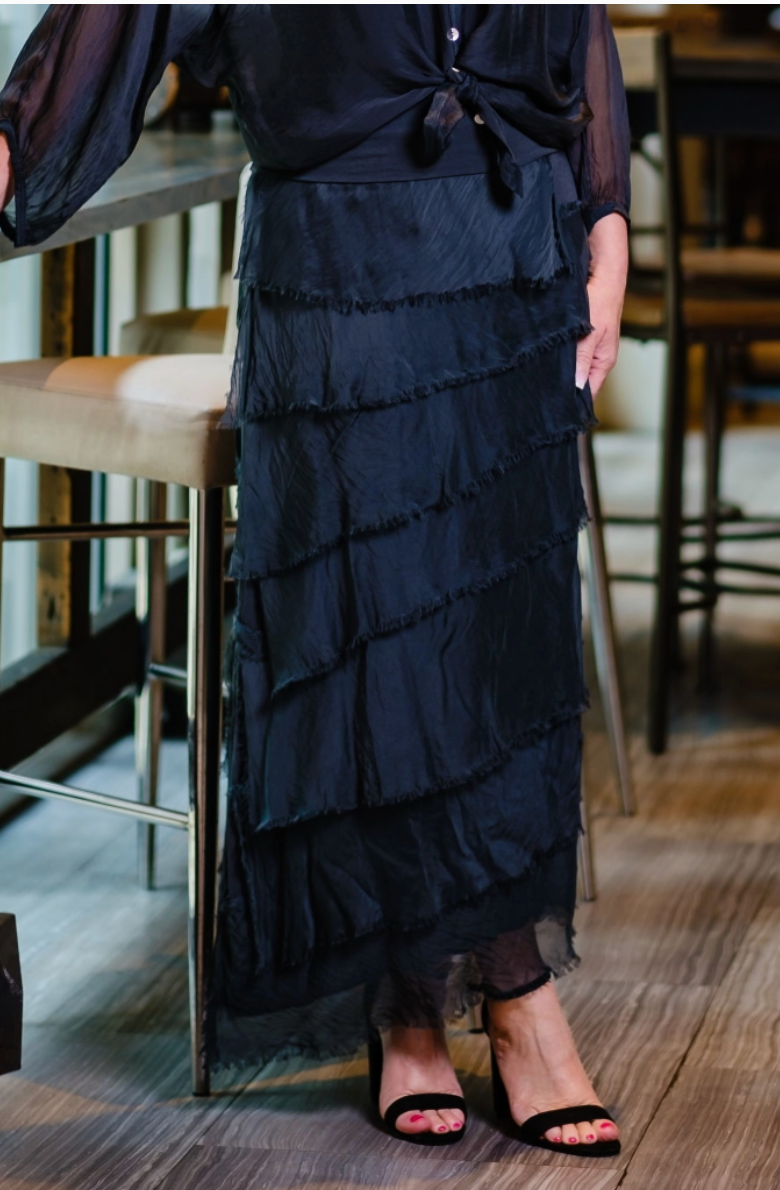 Black Silk Ruffle Skirt