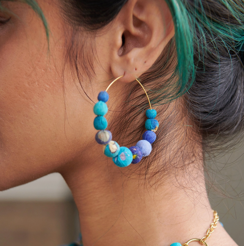 Blue Kantha Hoop Earring