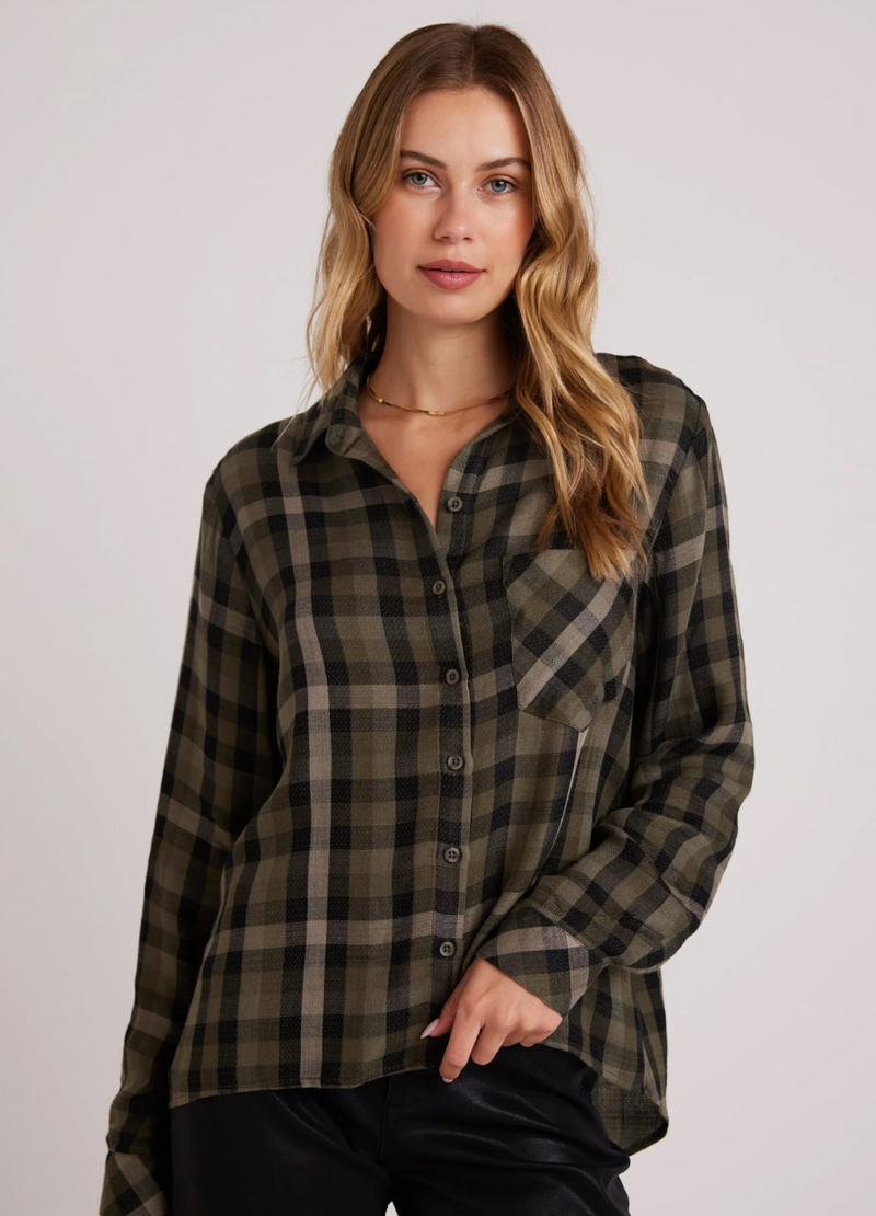 Olive Plaid Button Top