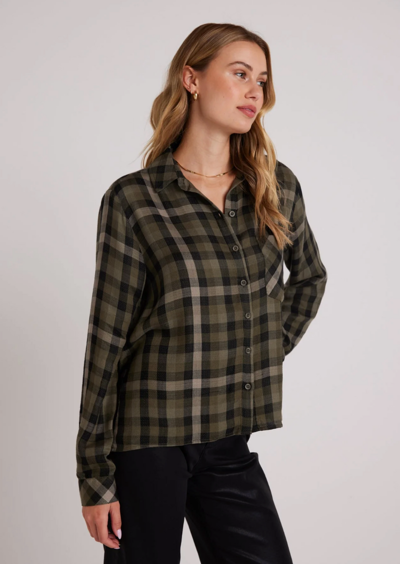 Olive Plaid Button Top