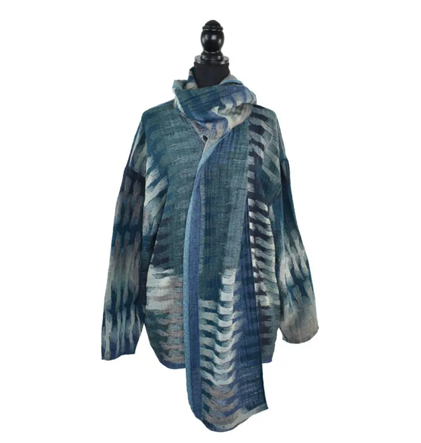 Blue Sweater Jacket Wrap Coat with Scarf