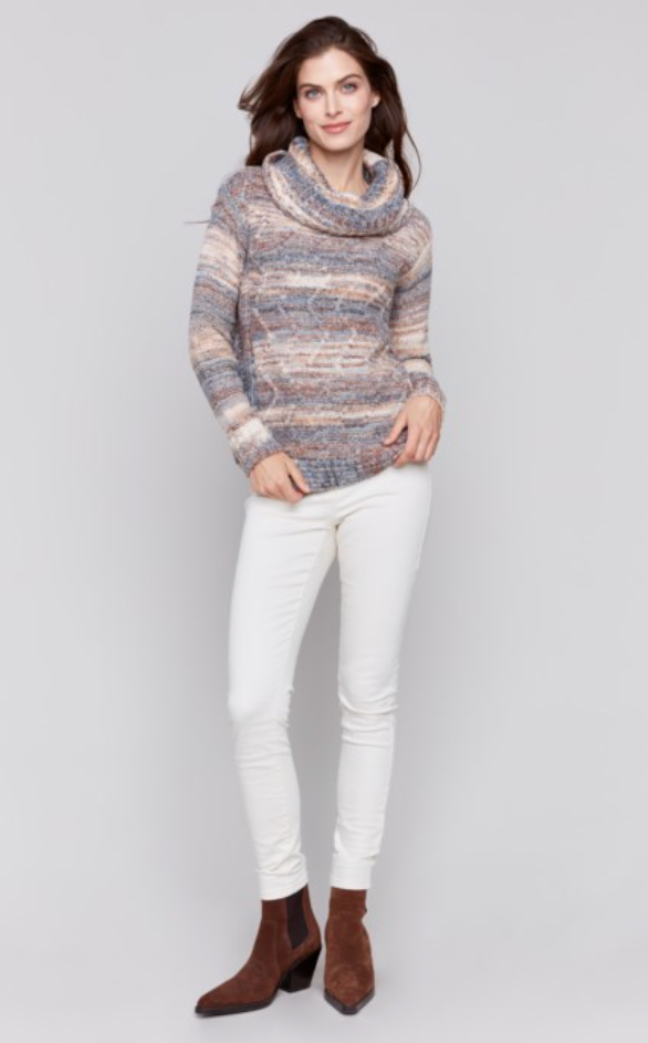 2-Tone Denim Cowl Neck Sweater