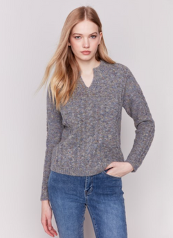 Grey Speckled Yarn Cable Knit Sweater