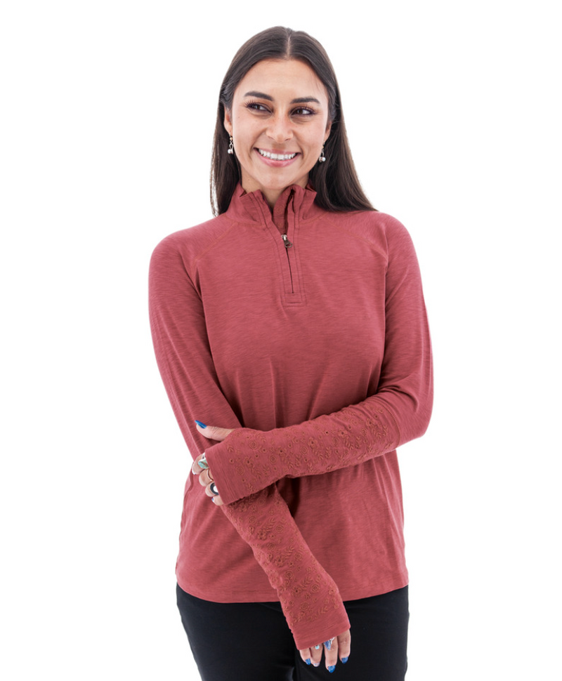 Red Quarter Zip Embroidered Top