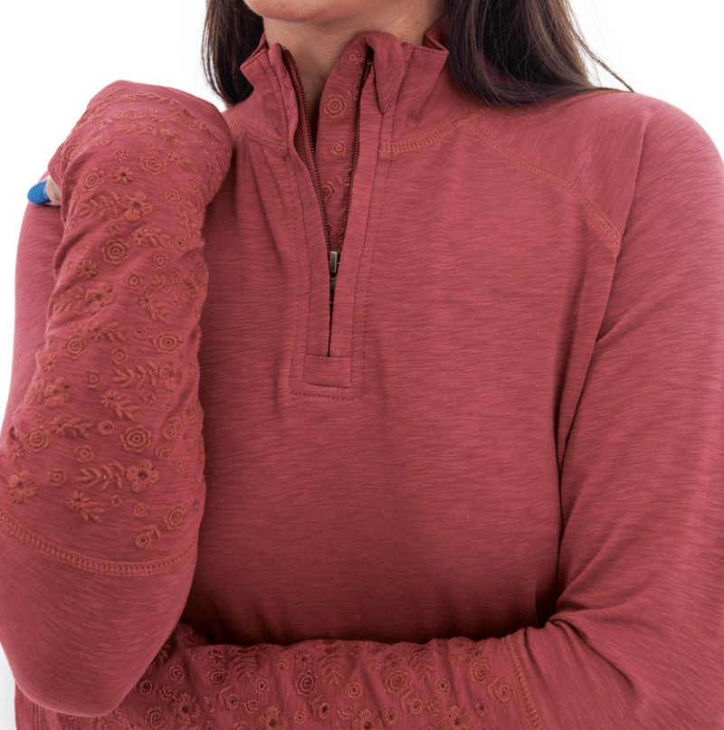 Red Quarter Zip Embroidered Top