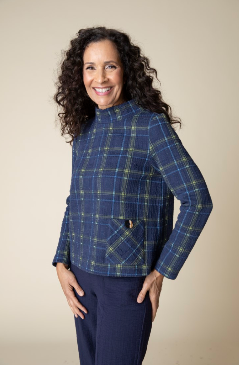 Navy Plaid Knit Pullover Top