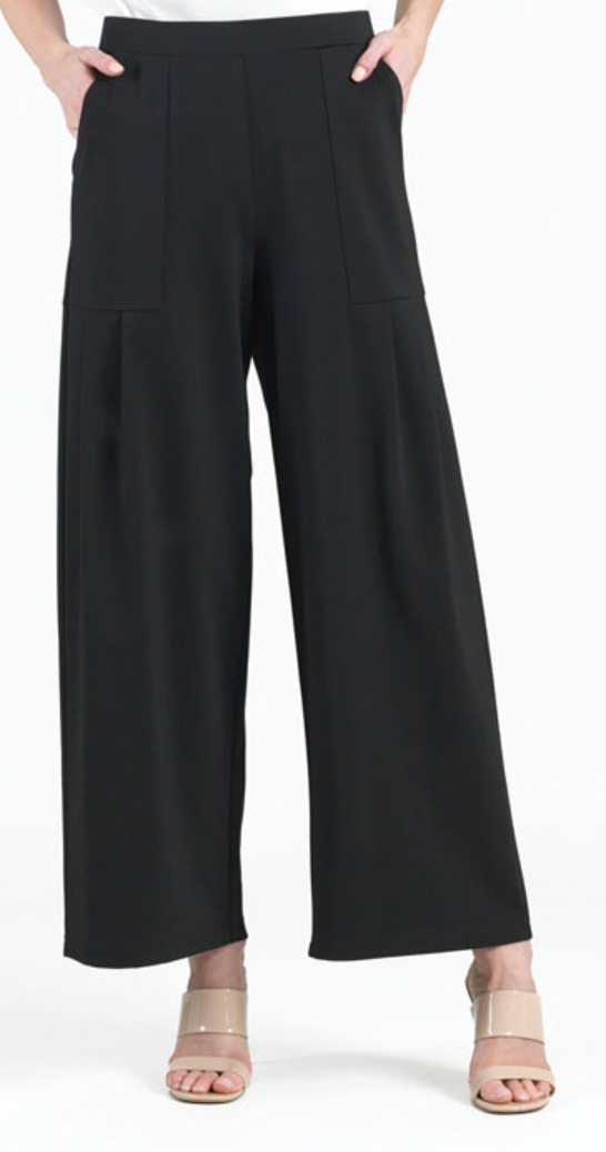 Black Wide Leg Pleated Pocket Pant