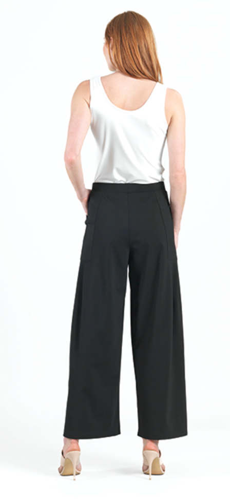 Black Wide Leg Pleated Pocket Pant