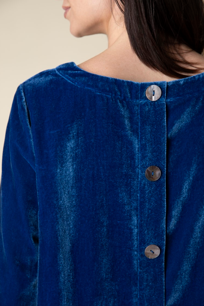 Blue Velvet Button Back Pullover