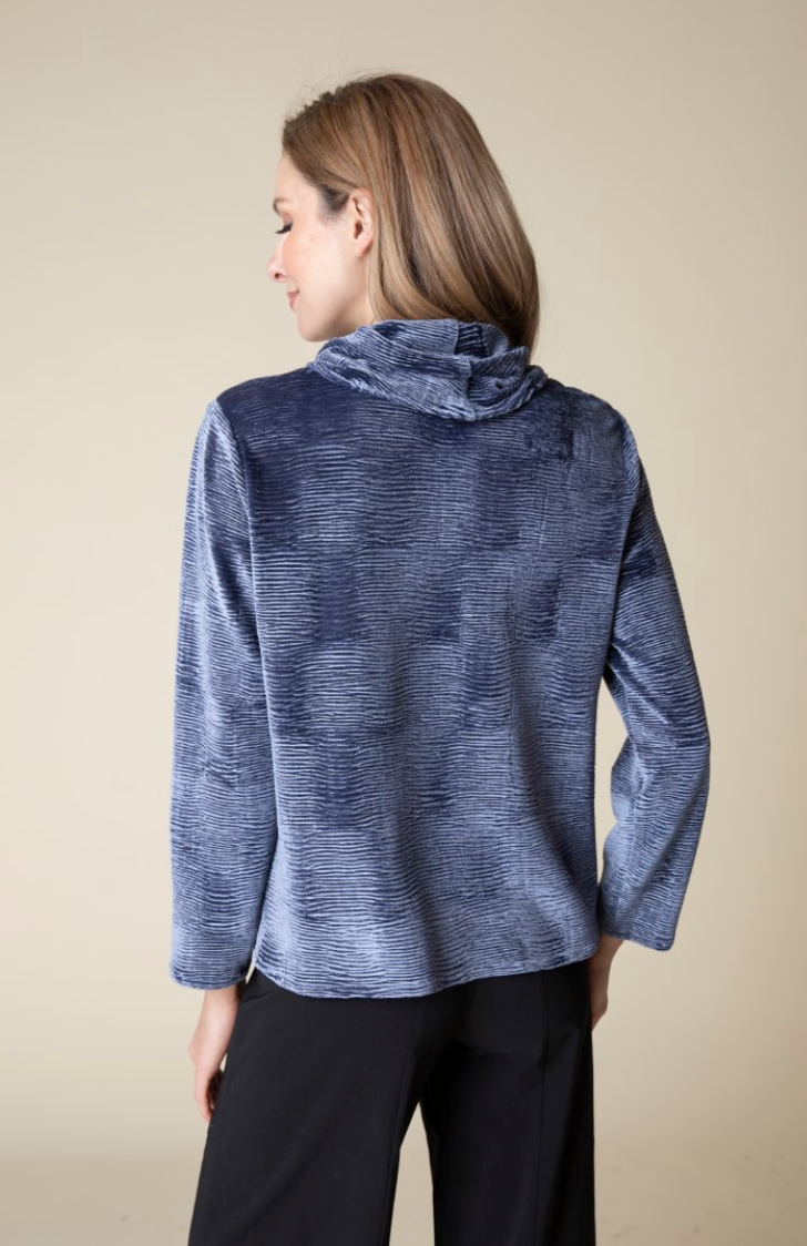 Navy Crinkle Velvet Cowl Top