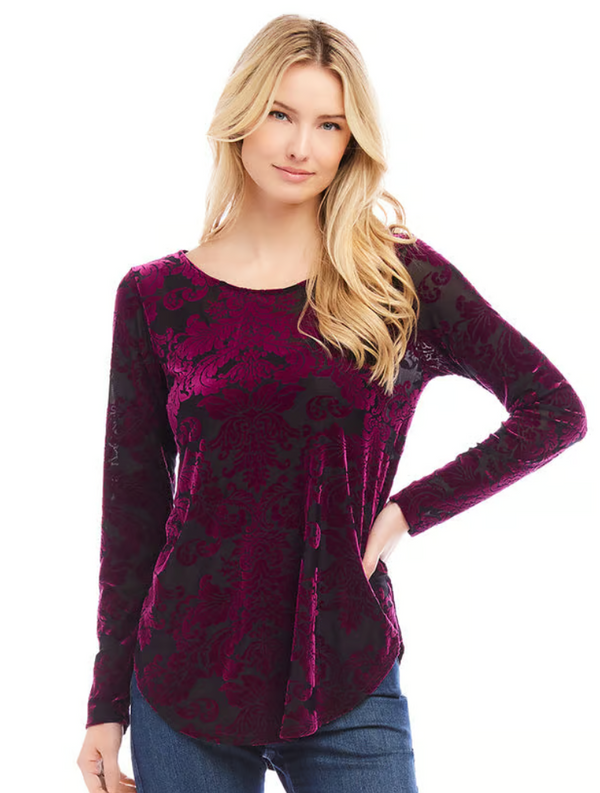 Wine Velvet Burnout Shirttail Top