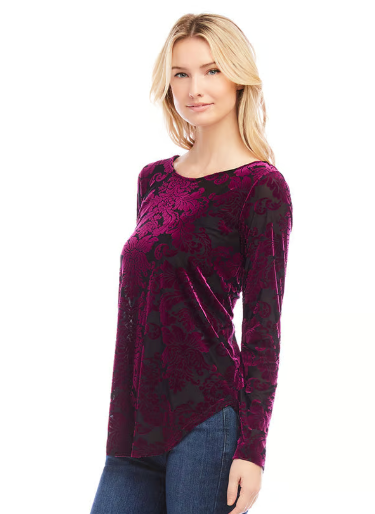 Wine Velvet Burnout Shirttail Top