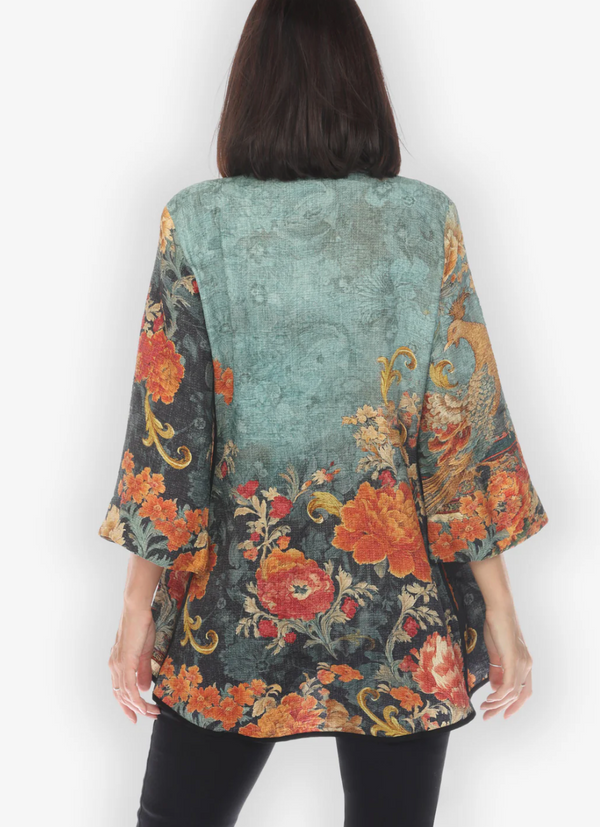 Blue Peacock Floral Shaped Silk Blouse