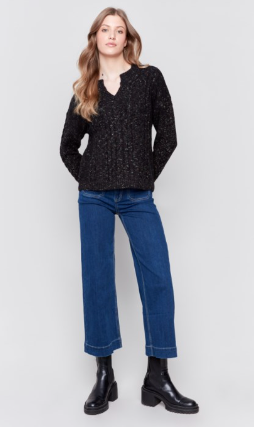 Black Speckled Yarn Cable Knit Sweater