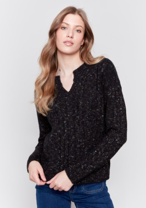 Black Speckled Yarn Cable Knit Sweater