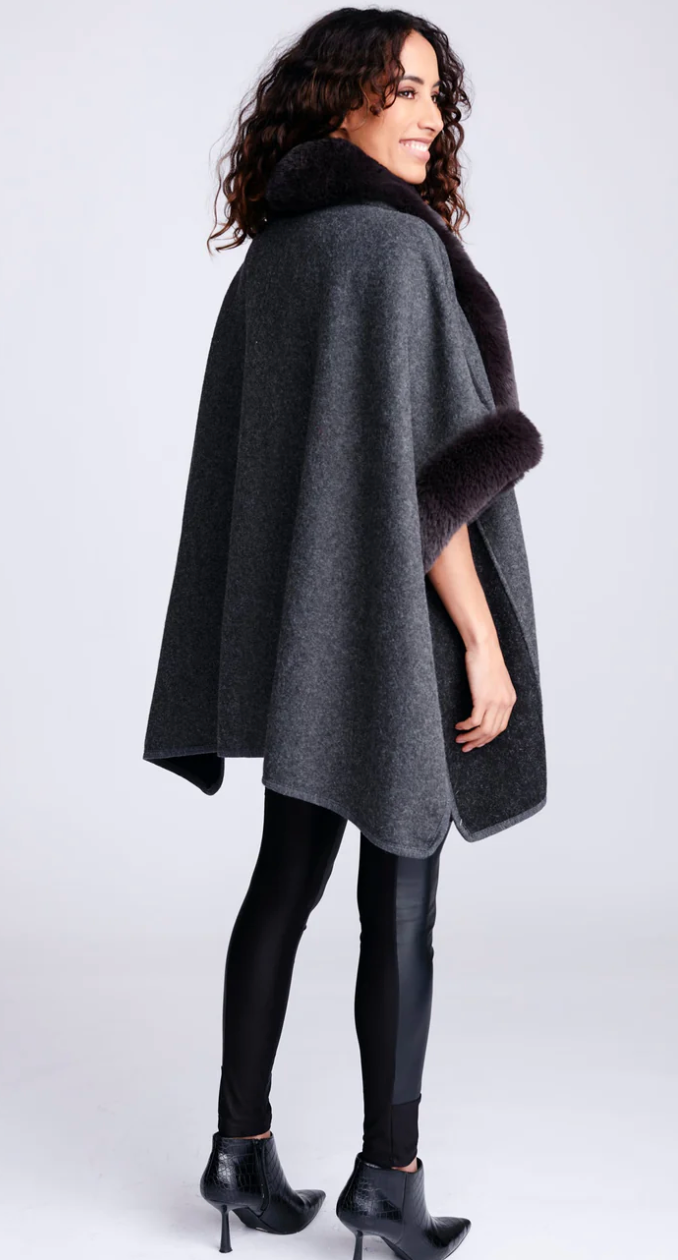 Grey Faux Fur Trim Cape