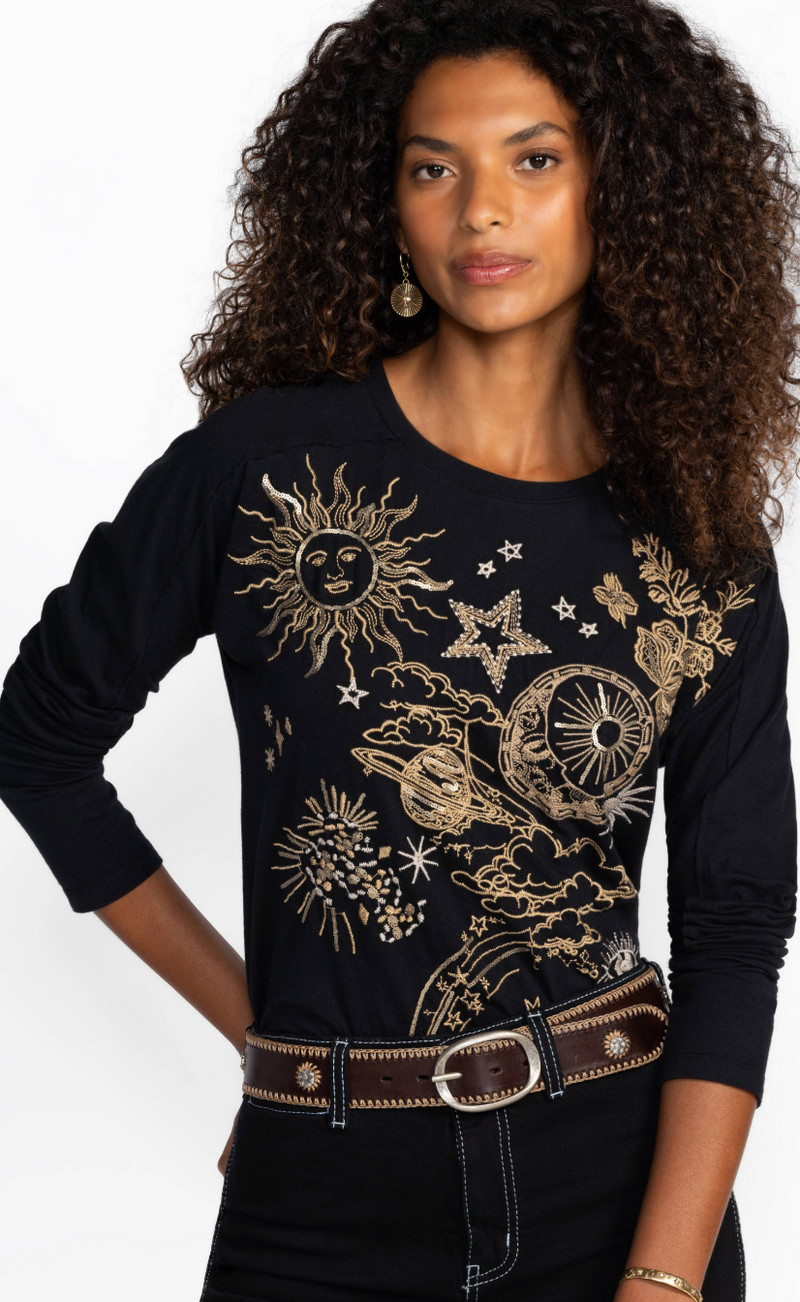 Black Solar System Embroidered Top