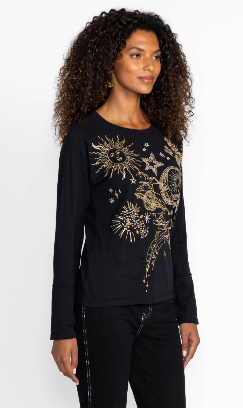 Black Solar System Embroidered Top