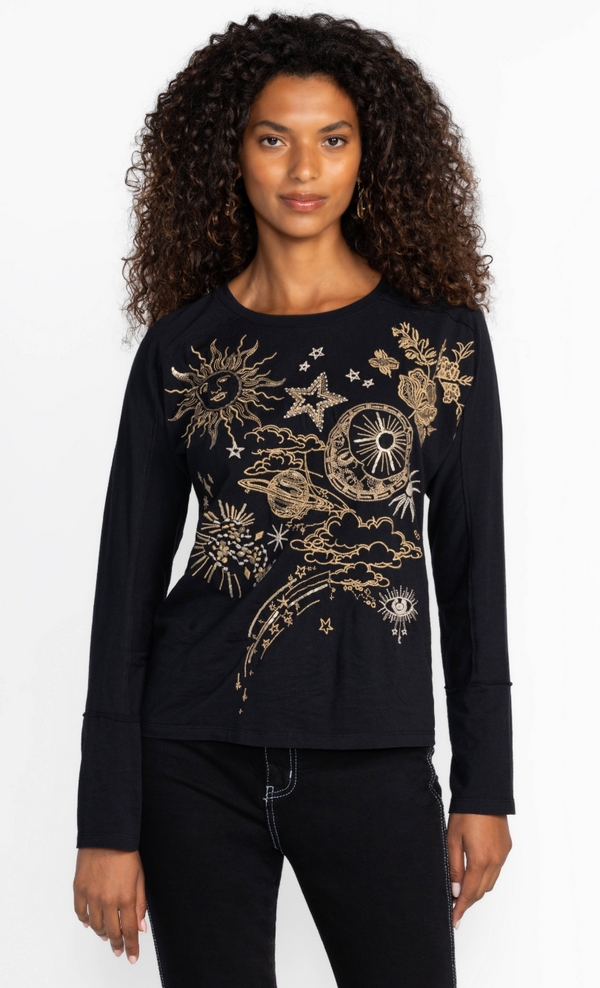 Black Solar System Embroidered Top