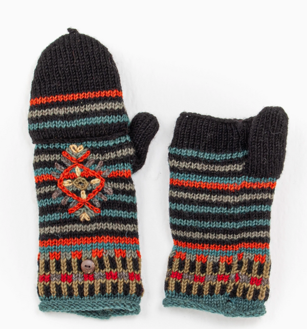 Black Wool Knit Convertible Mittens