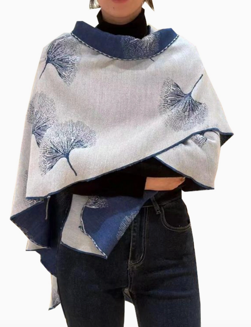 Blue & White Ginkgo Reversible Loop Wrap