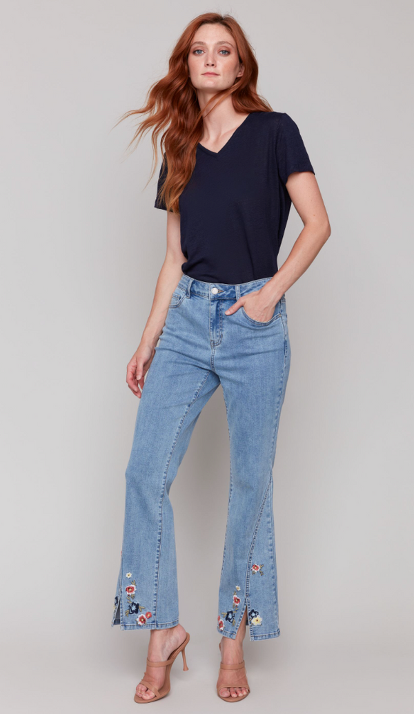 Embroidered Front Slit Jean