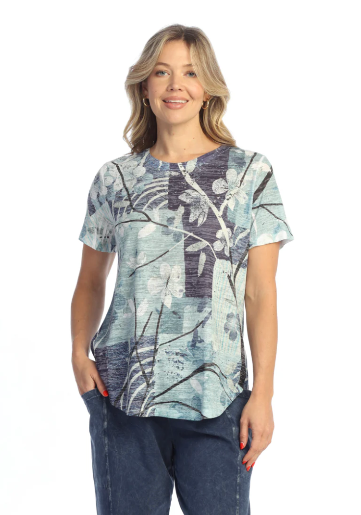 Blue Patchwork Floral Crew Top