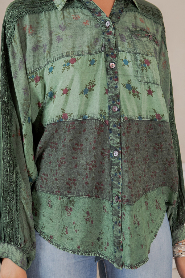 Green Mix Media Patchwork Top