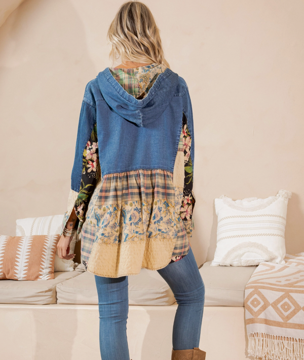 Hooded Denim High Low Patchwork Top