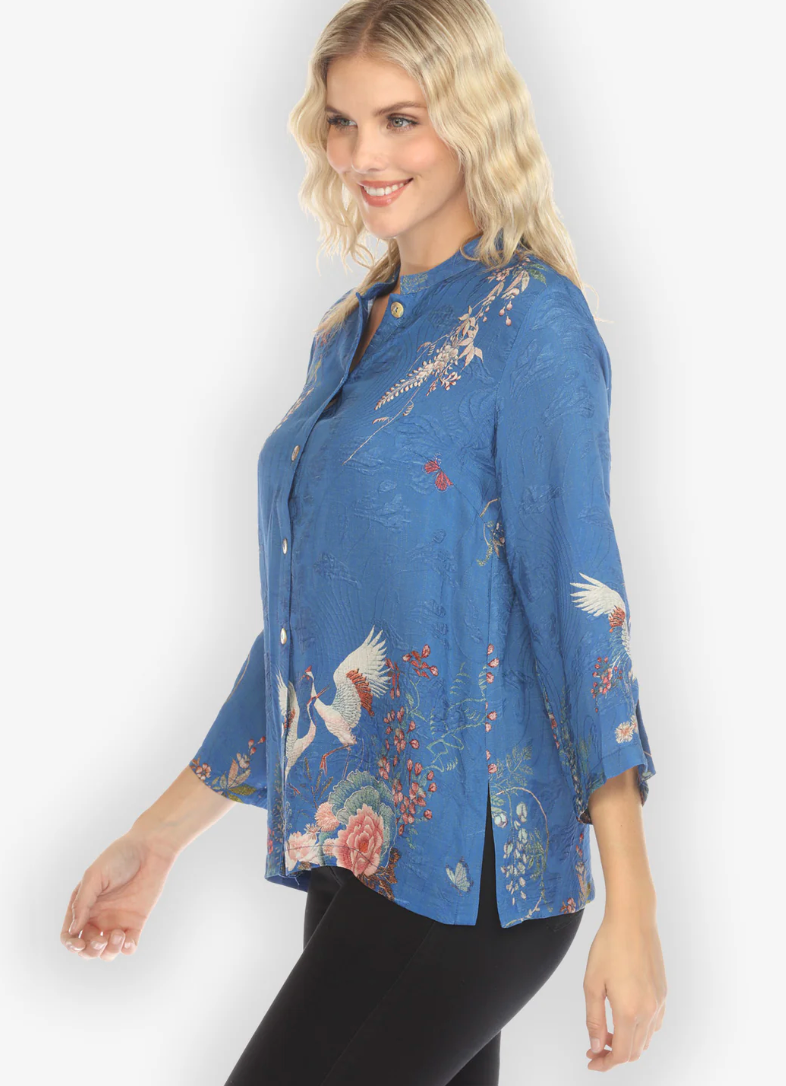 Wisteria Butterflies in Blue Silk Blouse