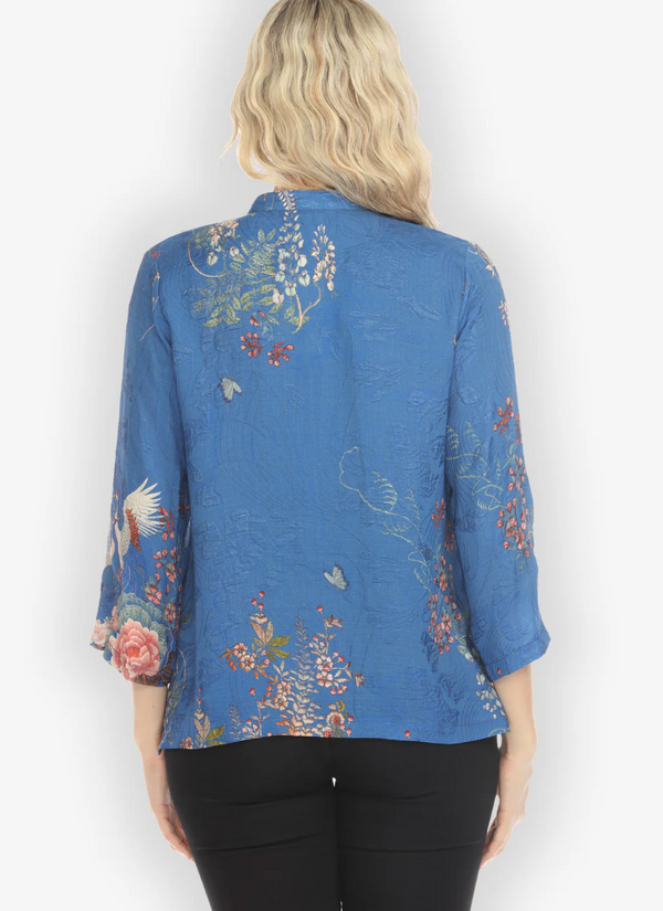 Wisteria Butterflies in Blue Silk Blouse