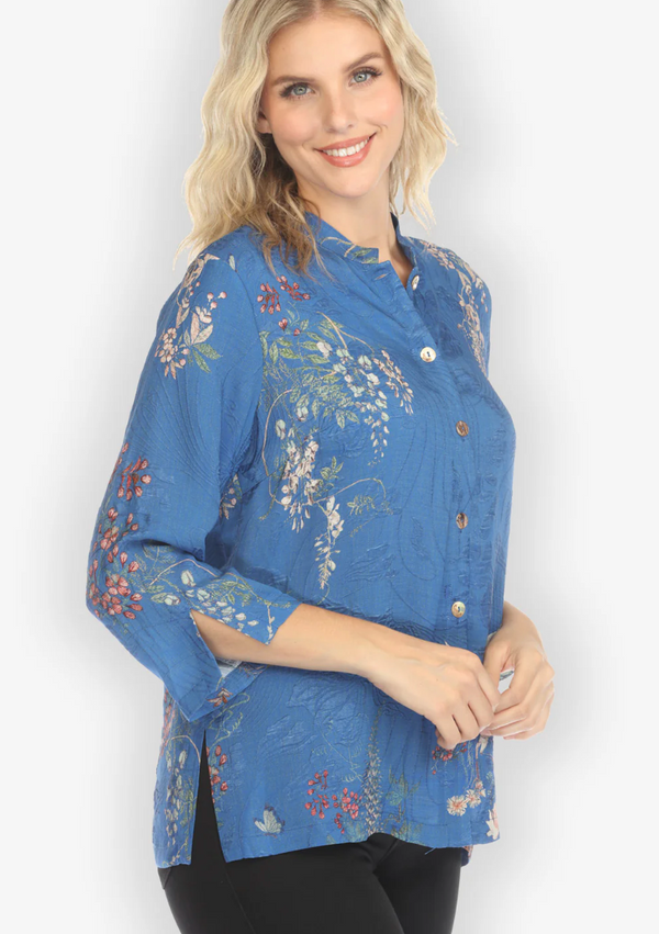 Wisteria Butterflies in Blue Silk Blouse