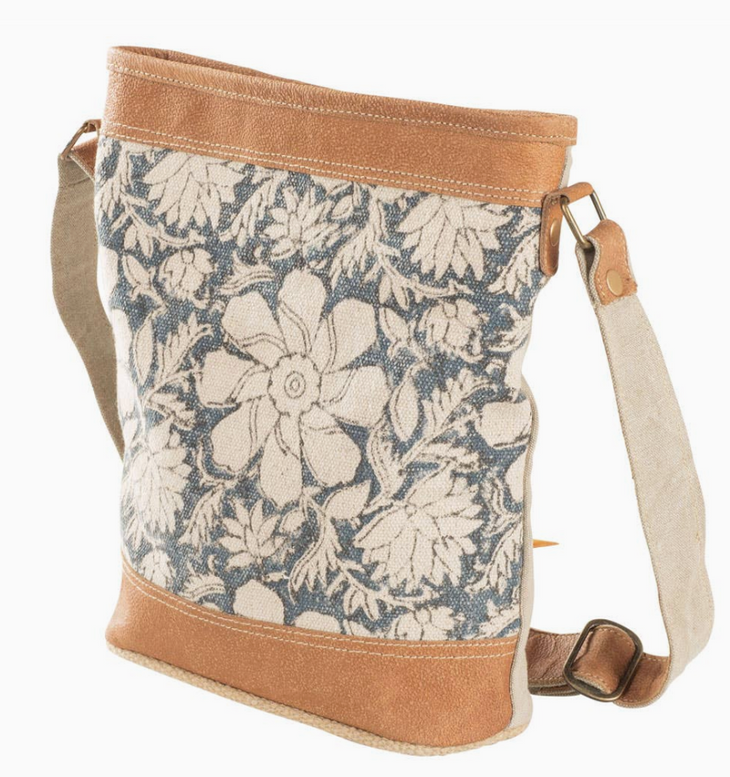 Blue Canvas Flowers Crossbody Bag