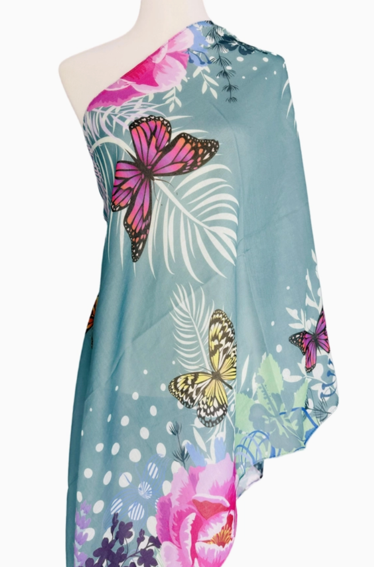 Aqua Butterfly & Floral Scarf