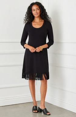 Black 3/4 Sleeve Fringe Hem Dress Gondwana & Divine Clothing Co. Black 3/4 Sleeve Fringe Hem Dress Gondwana & Divine Clothing Co.