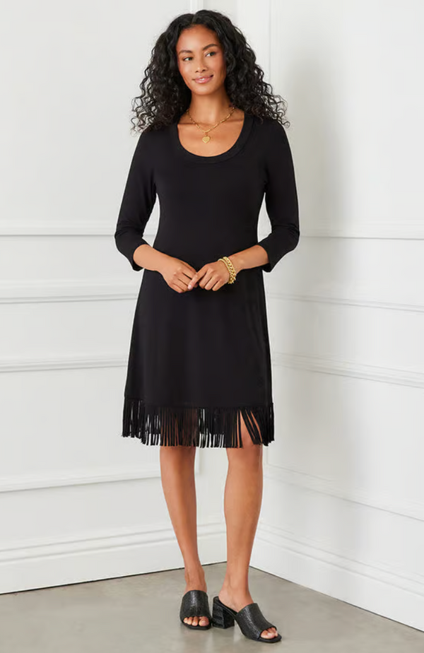 Black 3/4 Sleeve Fringe Hem Dress