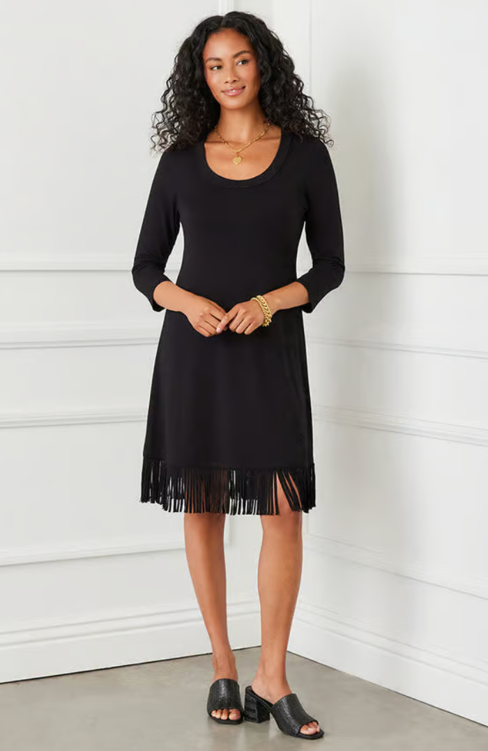 Black 3/4 Sleeve Fringe Hem Dress Gondwana & Divine Clothing Co. Black 3/4 Sleeve Fringe Hem Dress Gondwana & Divine Clothing Co.