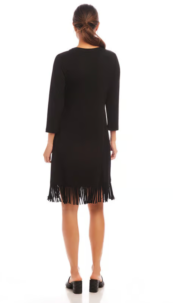 Black 3/4 Sleeve Fringe Hem Dress