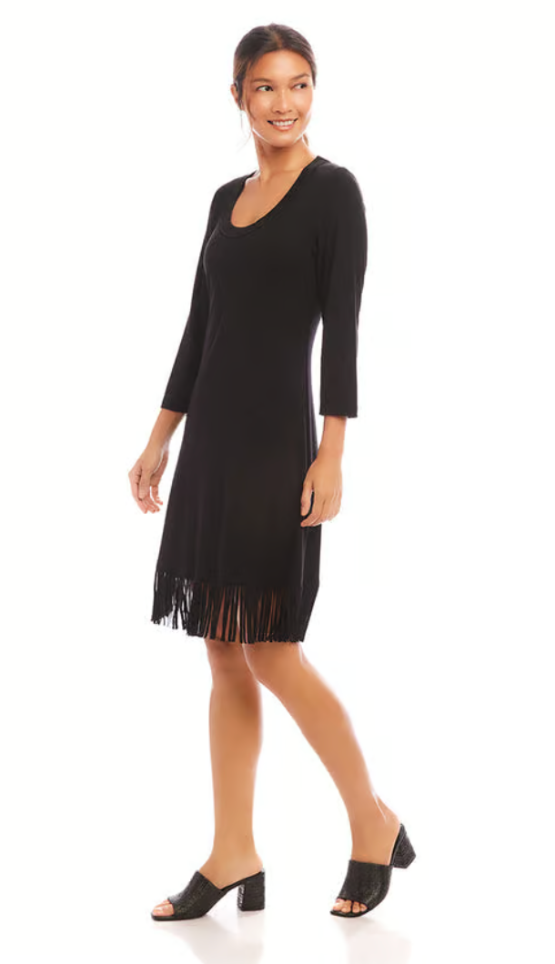 Black 3/4 Sleeve Fringe Hem Dress