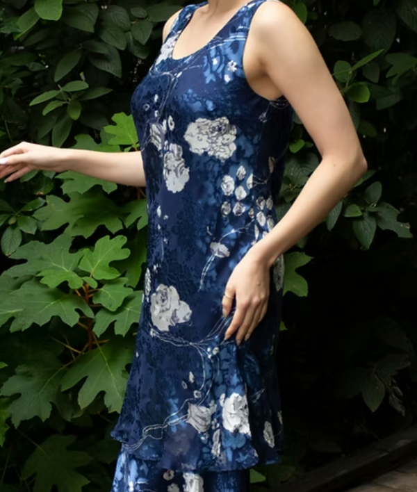 Navy Floral Silk Tea Length Dress Set