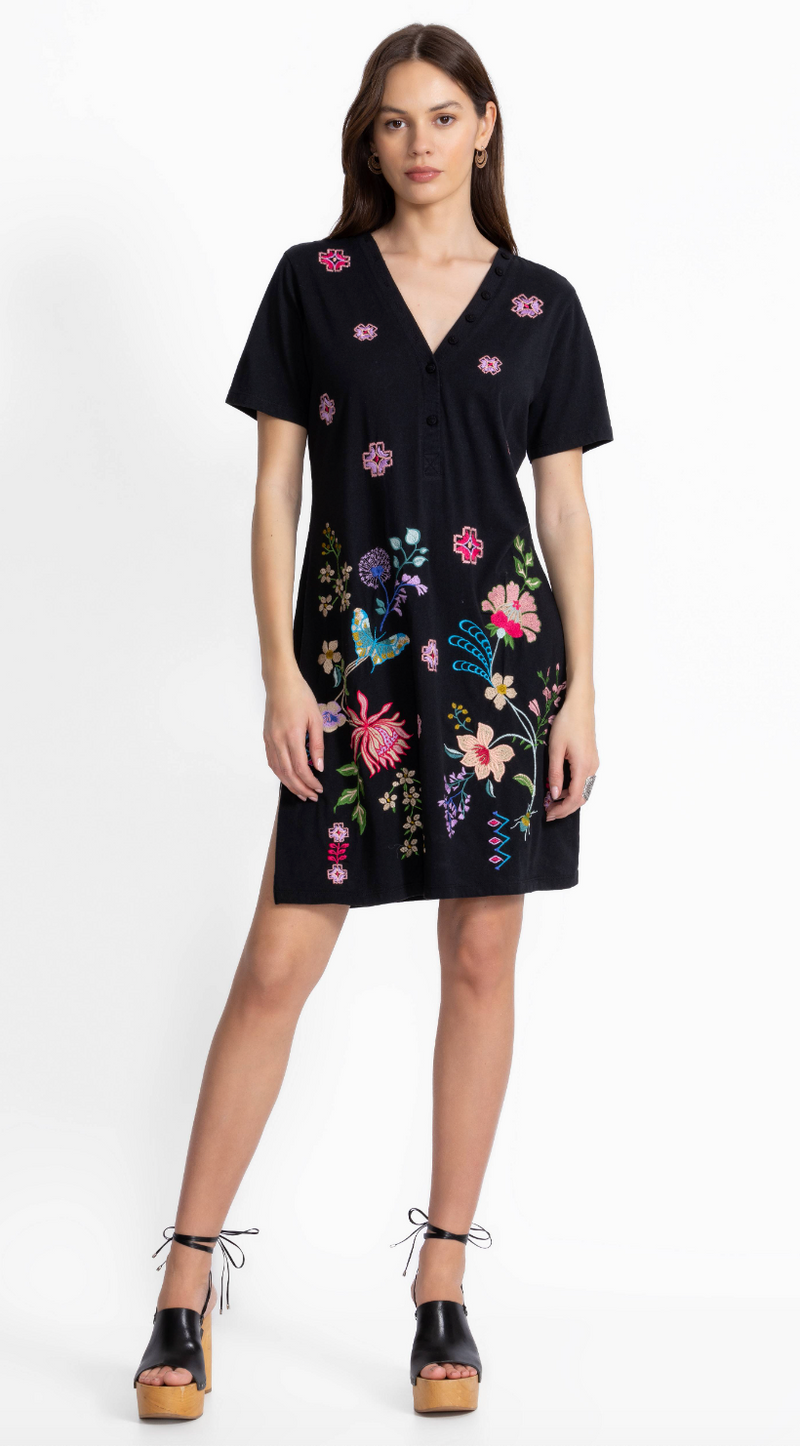 Black Embroidered V-Neck Dress