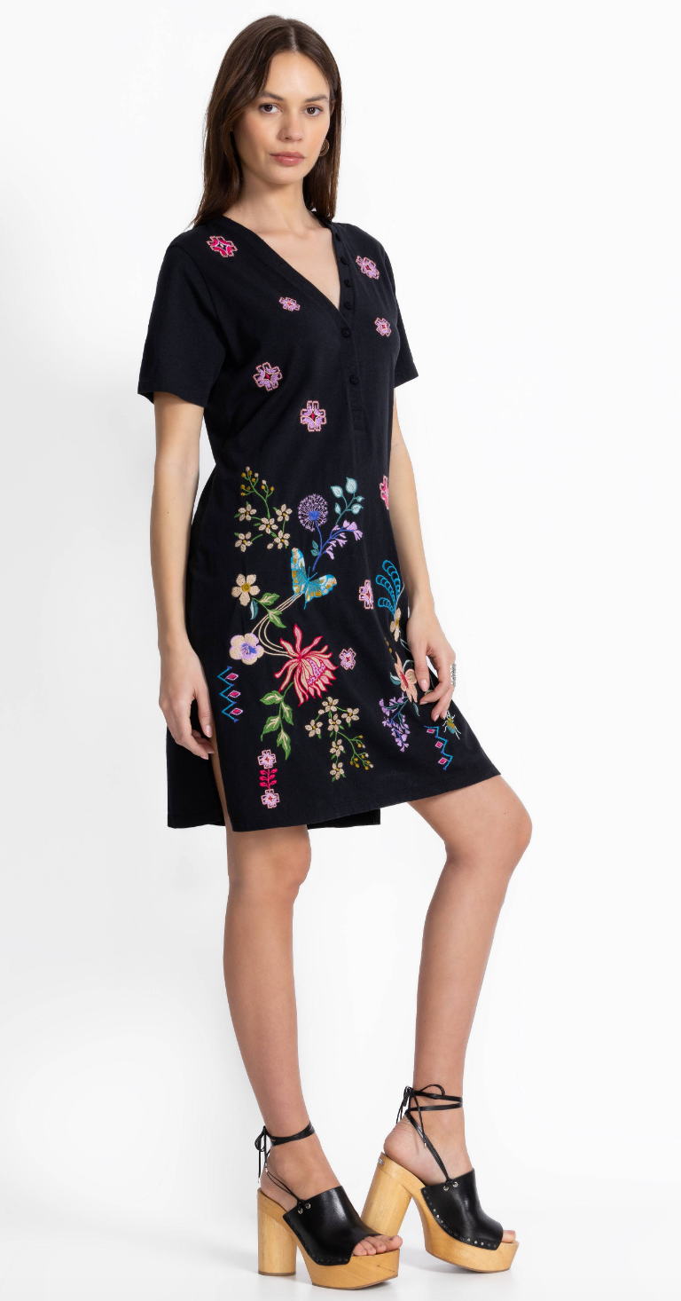 Black Embroidered V-Neck Dress