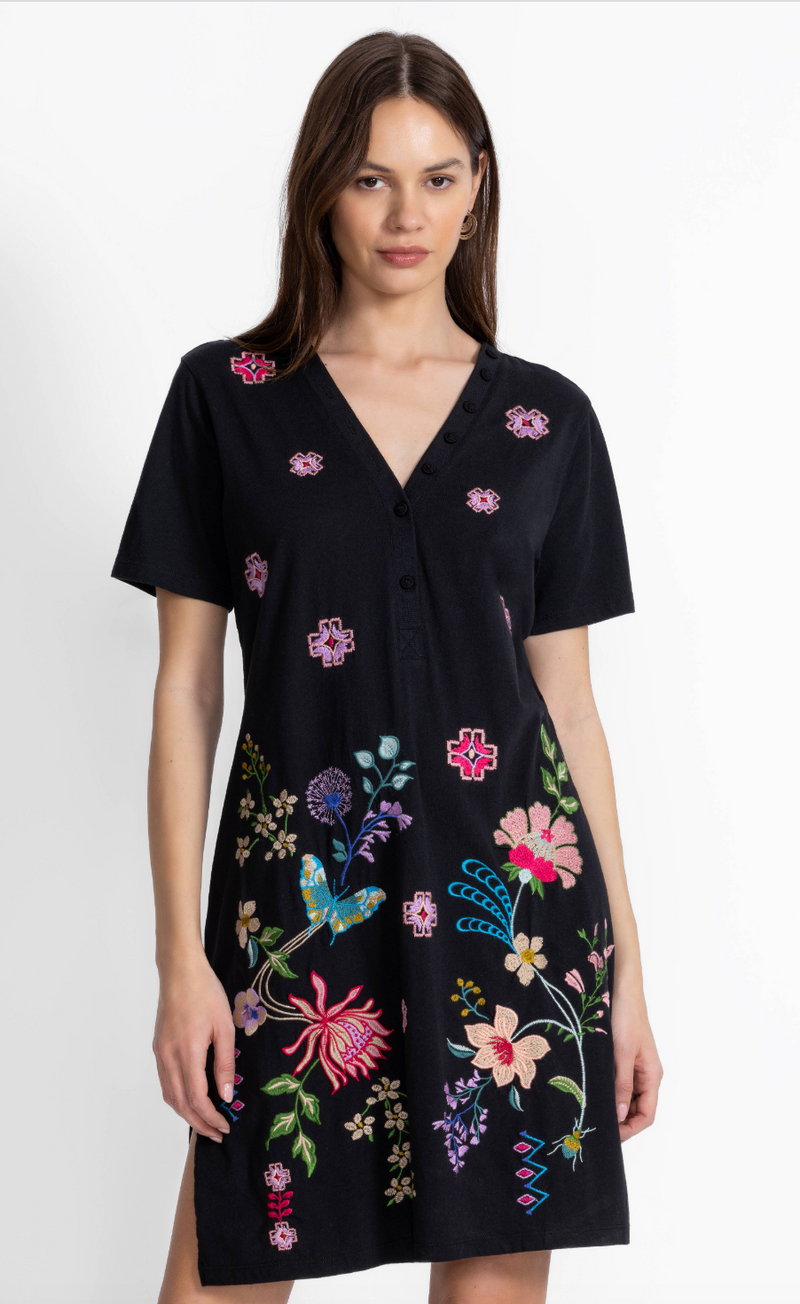 Black Embroidered V-Neck Dress