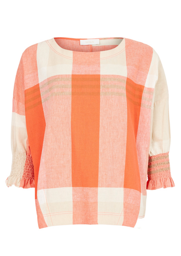 Coral Plaid Cotton Linen Top