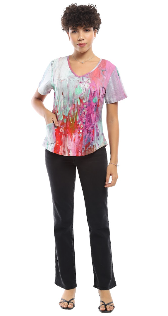 Pink Abstract V-Neck Top