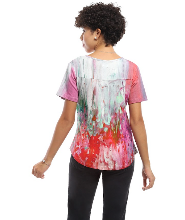 Pink Abstract V-Neck Top