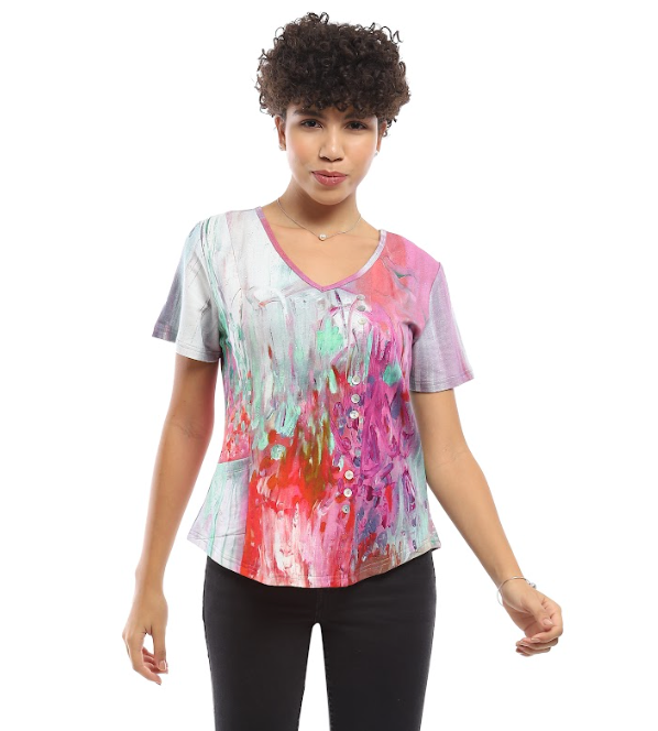 Pink Abstract V-Neck Top