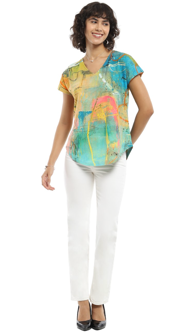 Turq Watercolor V-Neck Top